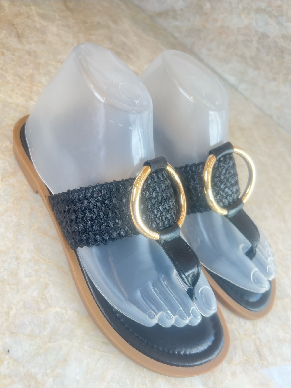 Kelly & Katie Black Woven Toe-Ring Sandals with Gold Rings - Picture 3 of 6